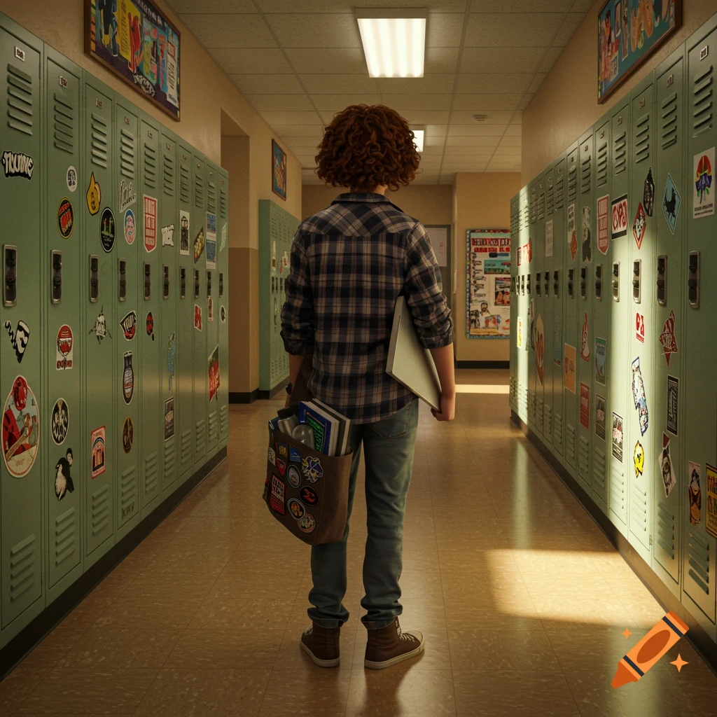 A person with curly hair, wearing a plaid shirt and jeans, walks down a school hallway filled with lockers covered in stickers, carrying a laptop and a tote bag of books.
