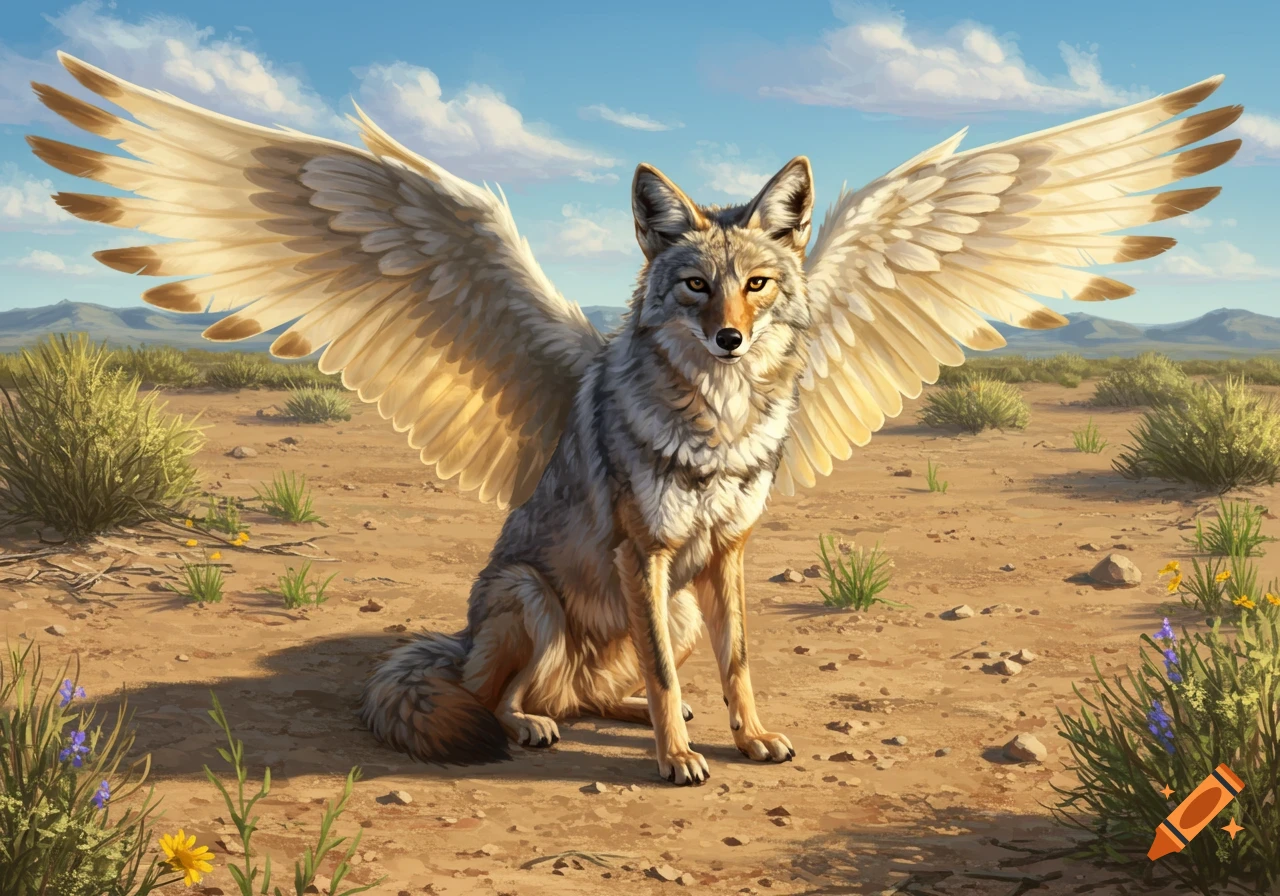 A majestic winged coyote sits on sandy desert ground under a blue sky, surrounded by sparse vegetation and distant mountains.