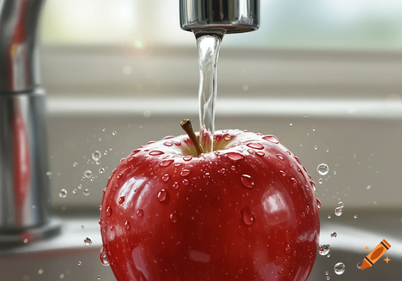 A vibrant red apple being washed under a stream of clear water from a chrome kitchen faucet, with numerous water droplets splashing around, in a photorealistic style.