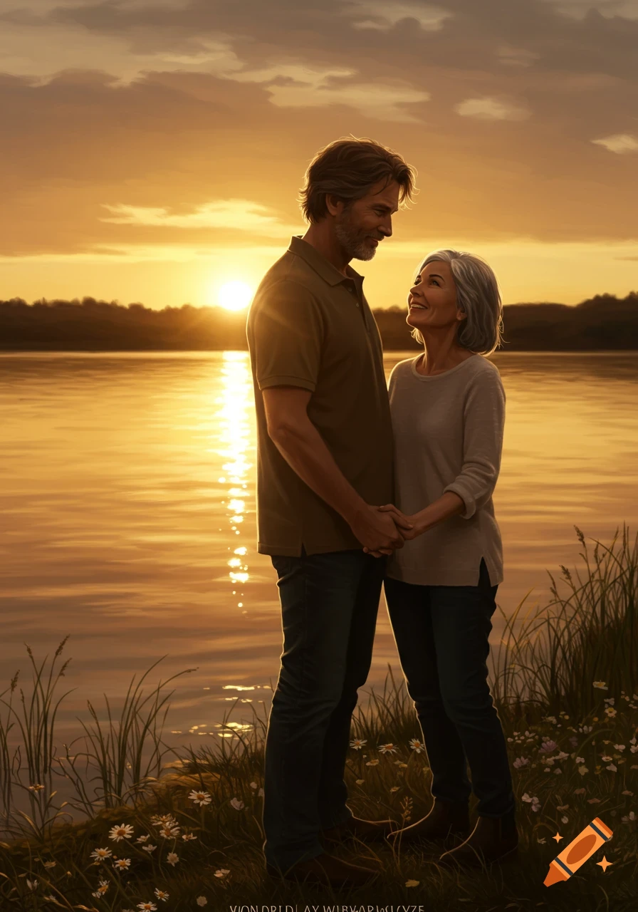 A middle-aged couple stands hand-in-hand by a lake at sunset, with golden light reflecting on the water.