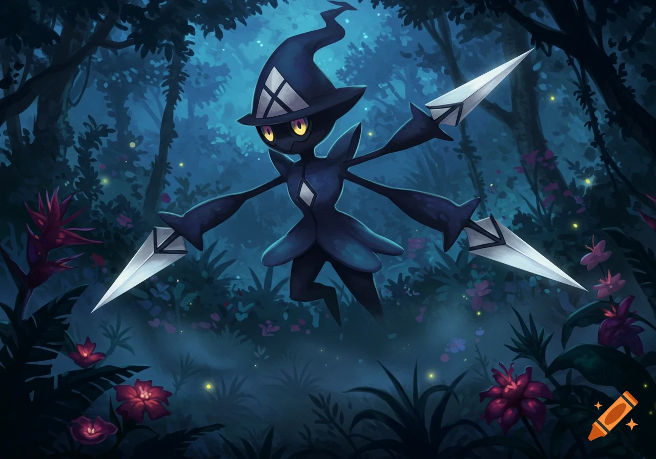 Dark, witch-like Pokémon floating in a magical jungle, holding two daggers, illustration.