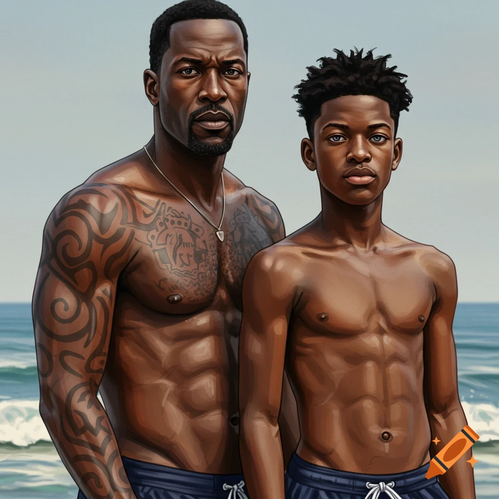 A dark-skinned father with tattoos and necklace stands next to his shirtless son in navy swim trunks at the beach.