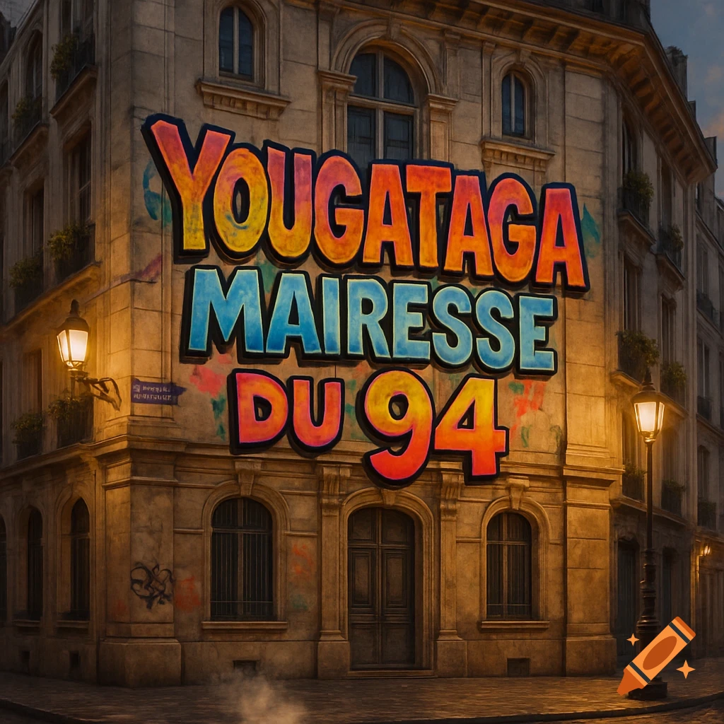 A Parisian building at dusk with large, colorful text 'YOUGATAGA MAIRESSE DU 94' on its corner.