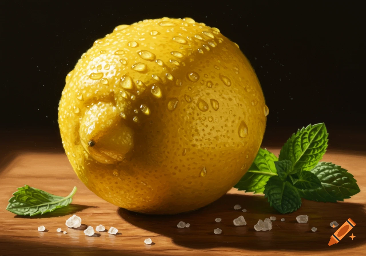 A photorealistic close-up of a wet lemon with water droplets, fresh mint leaves, and salt crystals on a wooden surface.
