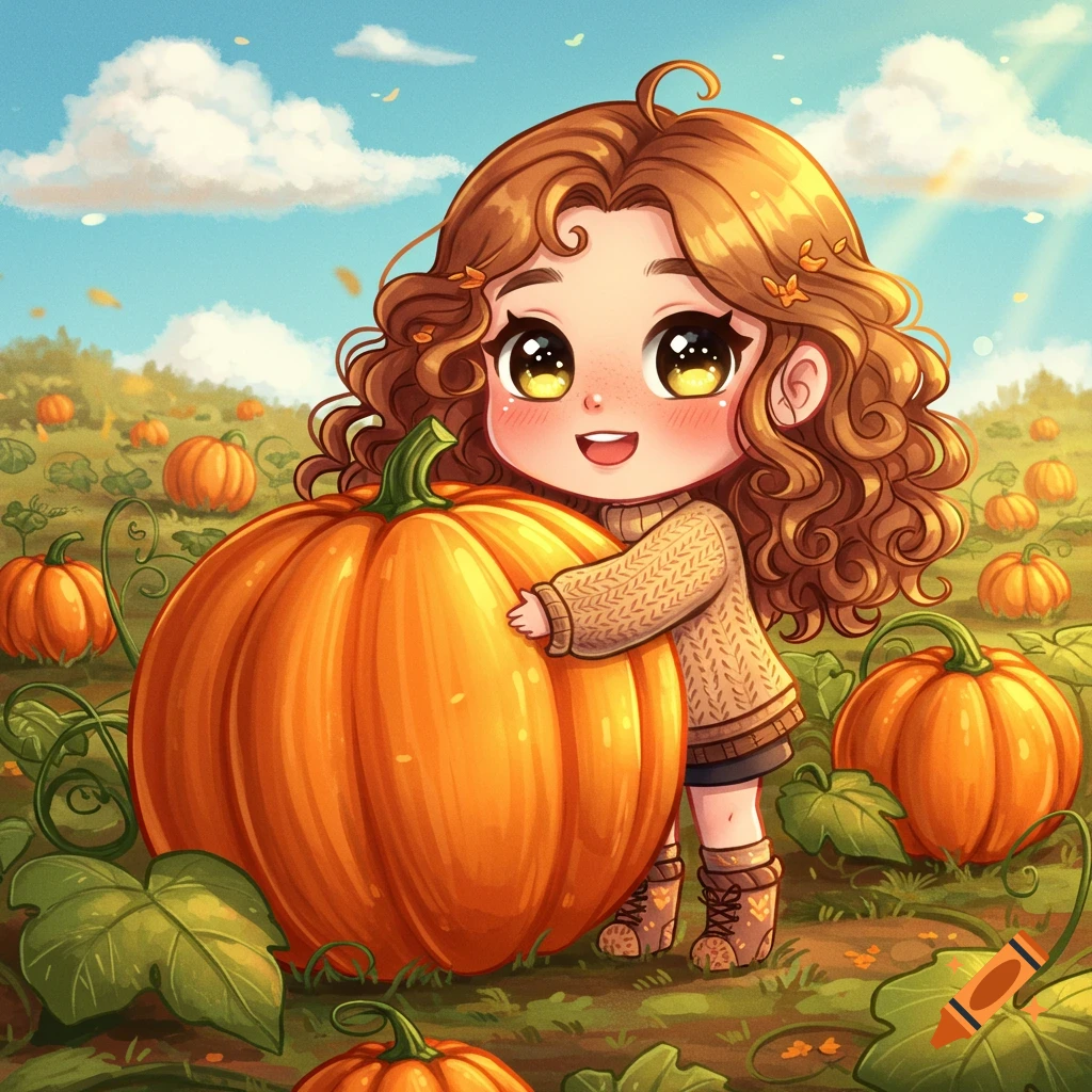 A cute chibi girl with curly brown hair smiles while hugging a large pumpkin in a sunny pumpkin patch, cartoon illustration.