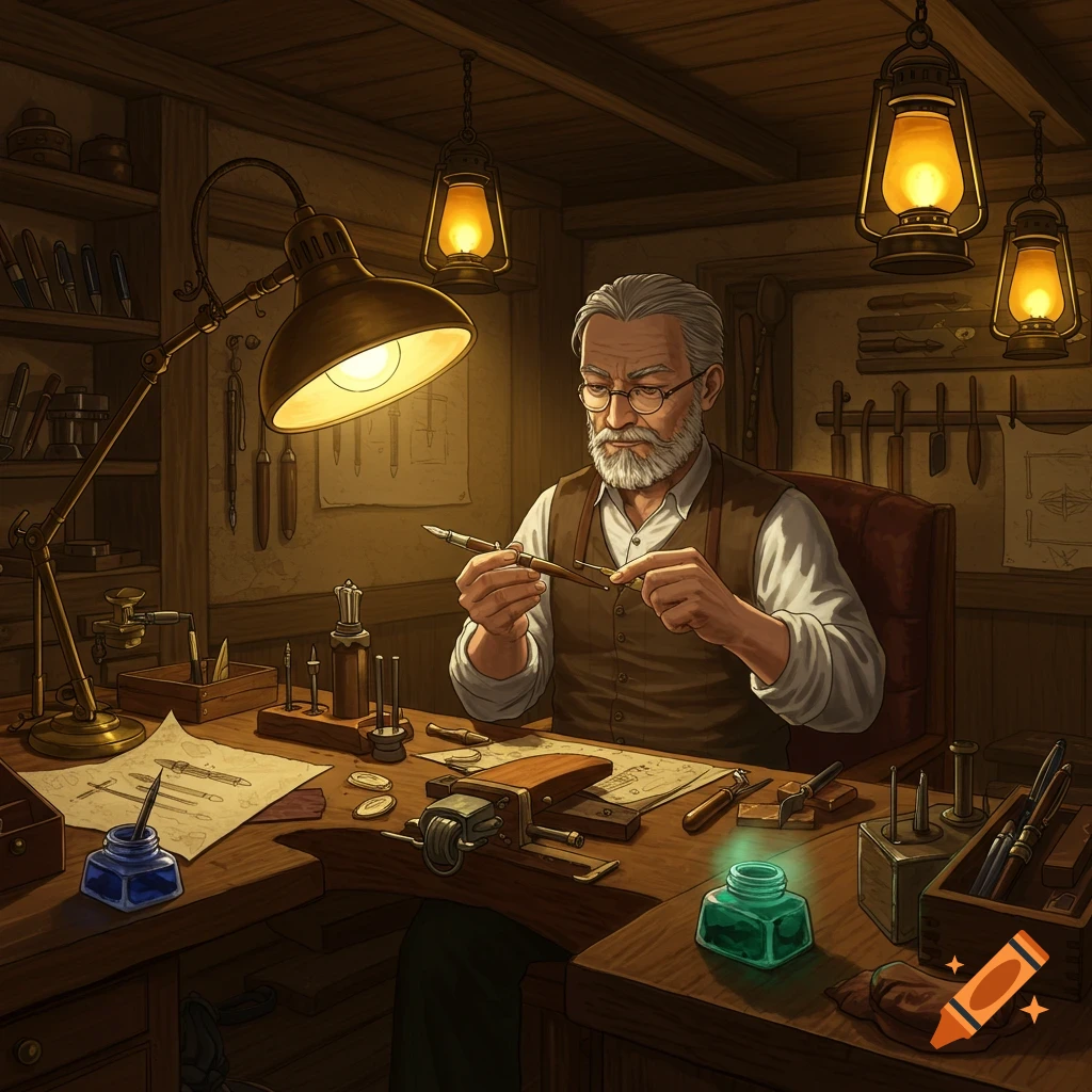 Detailed illustration of an old pen maker with a beard and glasses working on a pen in his dimly lit, tool-filled workshop.