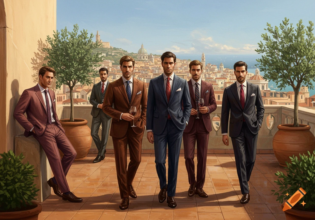 Six dapper men in suits pose on a sunlit terrace overlooking a Mediterranean city and sea in a detailed painting.