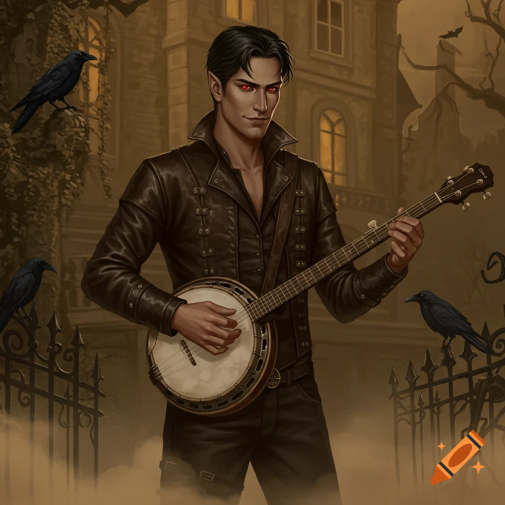 A male vampire with red eyes and dark hair plays a banjo in front of a gothic mansion with ravens, digital painting.