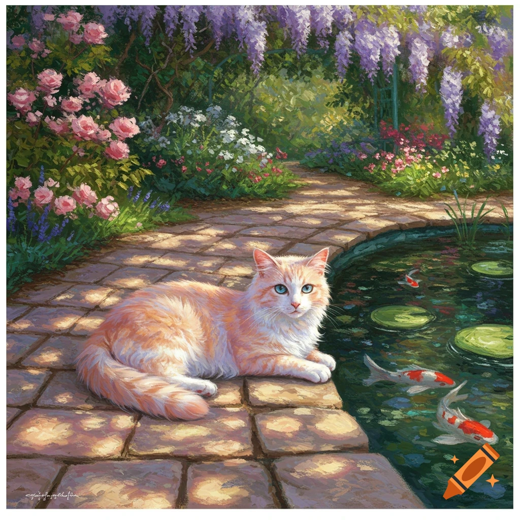 An orange and white cat lies on a stone path beside a koi pond, surrounded by lush pink roses and purple wisteria in an impressionistic painting.