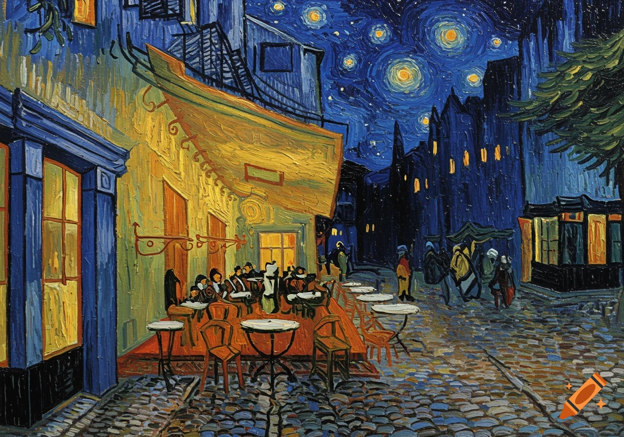 A vibrant painting in Van Gogh's style depicts a cafe terrace at night with patrons, under a swirling blue, star-filled sky.