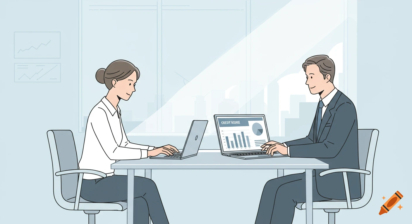 A male advisor and female client sit across a desk, working on laptops in a bright office, with one screen showing a credit score chart.