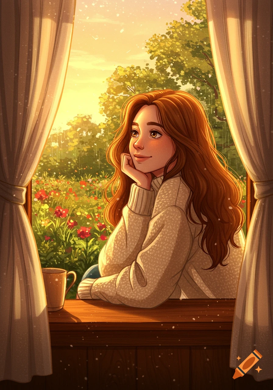 An illustrated woman with long brown hair smiles, looking out a window at a sunny garden with red flowers and green trees.