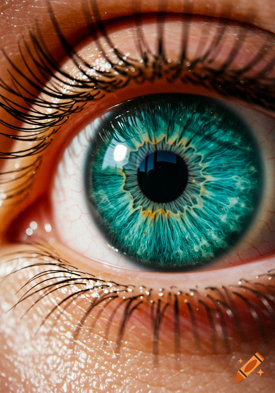 An extreme close-up of a human eye with a vibrant teal iris, dark pupil, long eyelashes, and visible skin texture.
