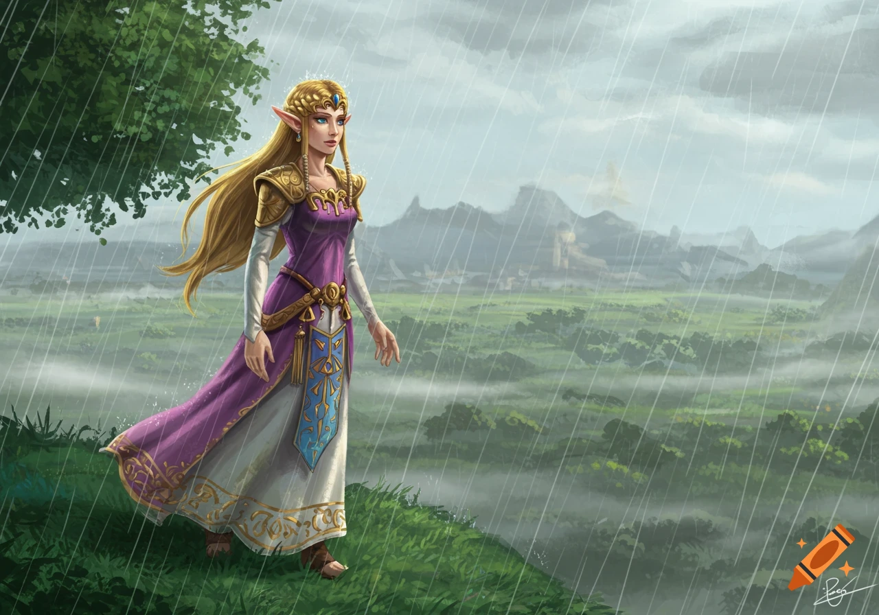 Princess Zelda stands on a rainy grassy hill, looking over a misty fantasy landscape with mountains and a castle.