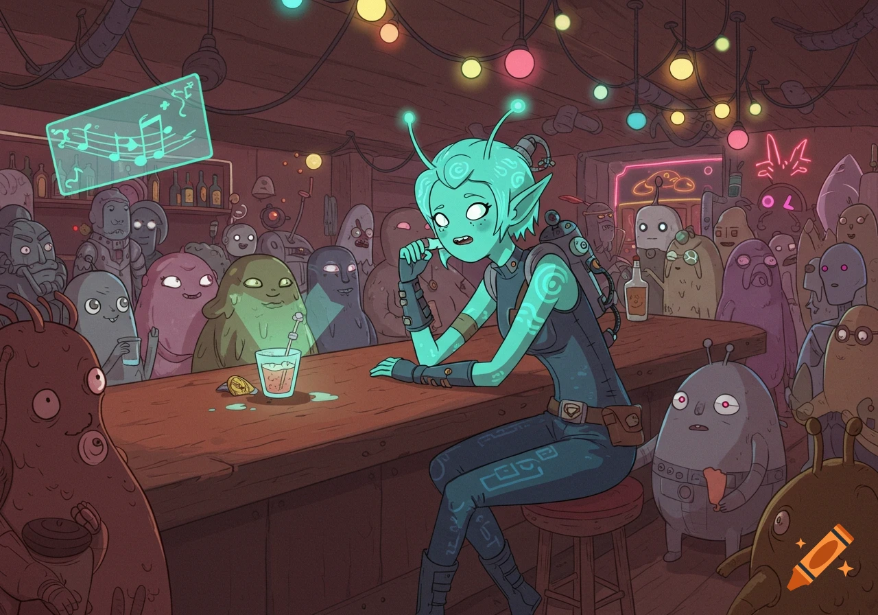 A blue-skinned female alien with antennae sits at a bar in a cartoonish, bustling space cantina, enjoying a drink.