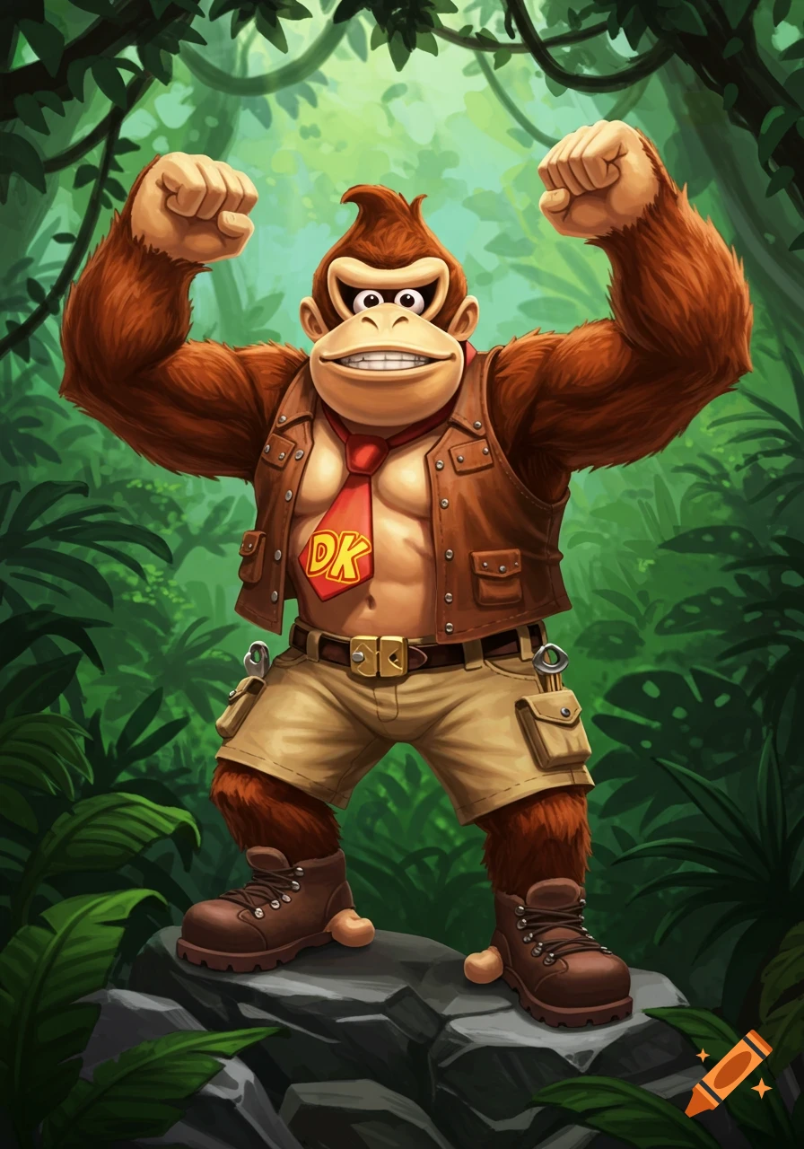 A cartoon-style illustration of Donkey Kong in a jungle, wearing an adventurer vest and khaki shorts, flexing his muscles.