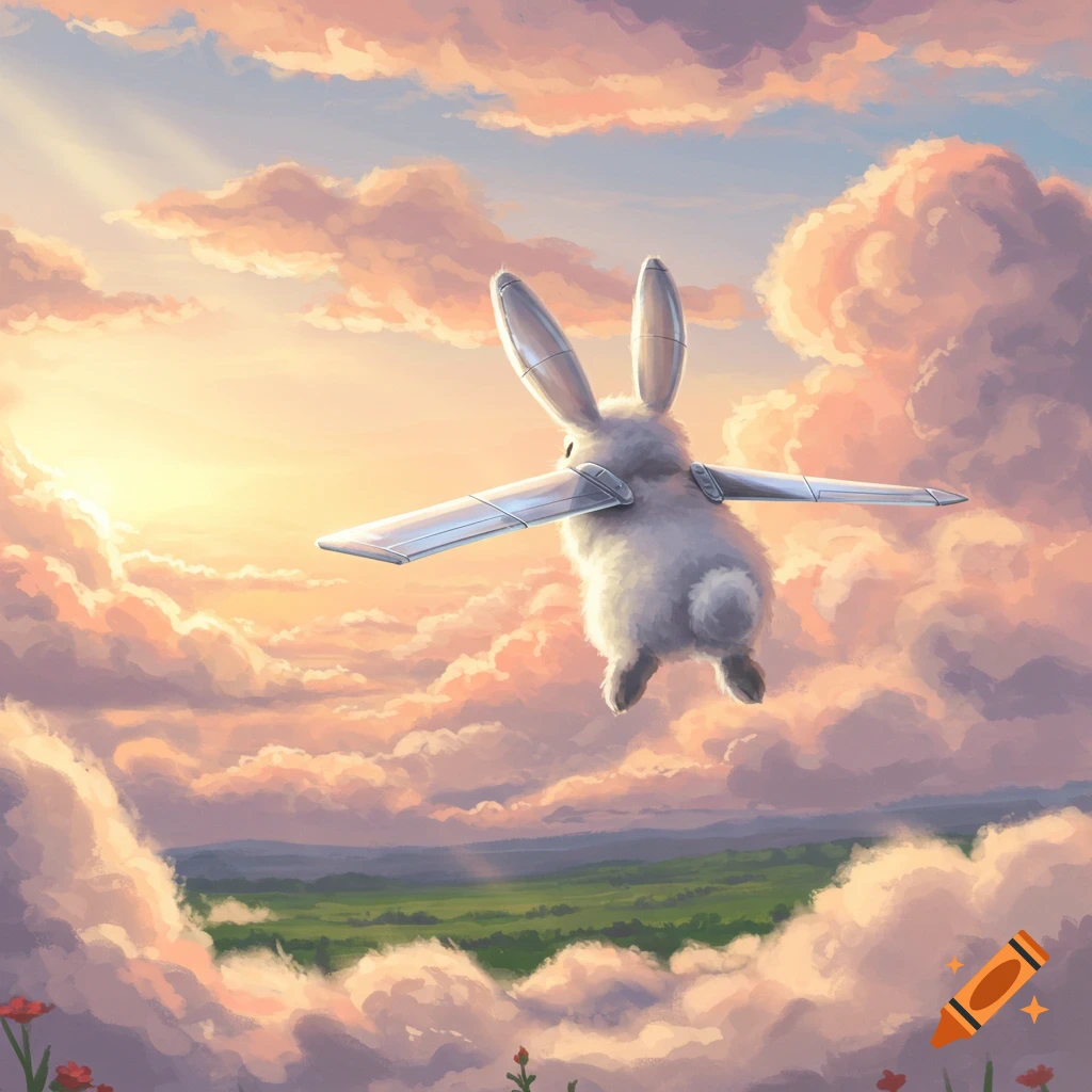 A fluffy white bunny with metallic airplane wings flies through a golden sunset sky filled with pink and orange clouds, above a green landscape.