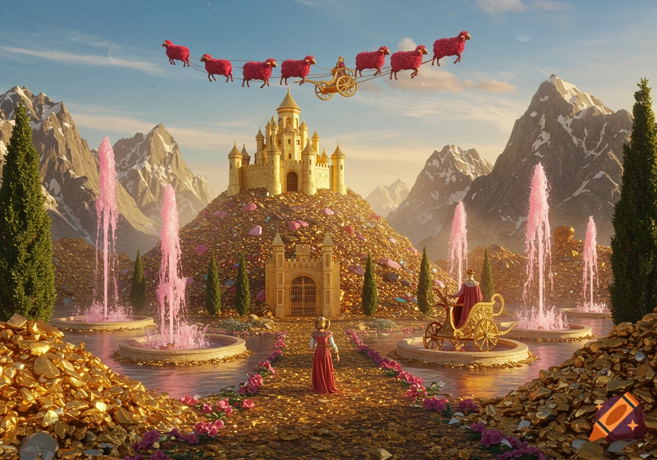 A vibrant fantasy landscape with a golden castle on a mountain of treasure, pink fountains, and red sheep pulling a chariot in the sky.