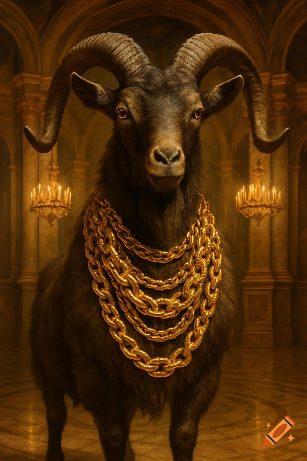 A photorealistic black goat with large horns wears multiple gold chains, standing in an opulent, golden hall with chandeliers.