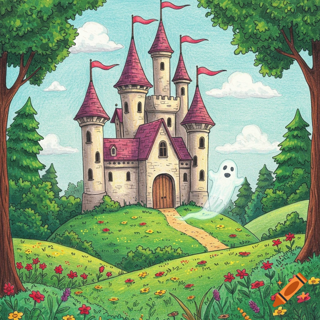 Colored pencil drawing of a whimsical castle with red flags on a flowery green hill, surrounded by trees. A friendly ghost floats nearby.