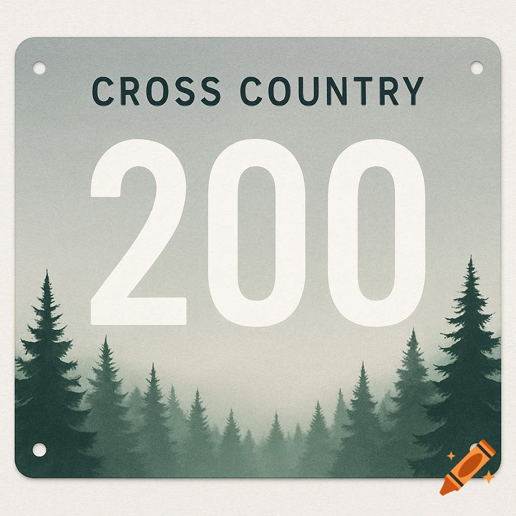 A square race bib for 'CROSS COUNTRY' with the number '200' on a faded green background, featuring a stylized dark green forest silhouette below.