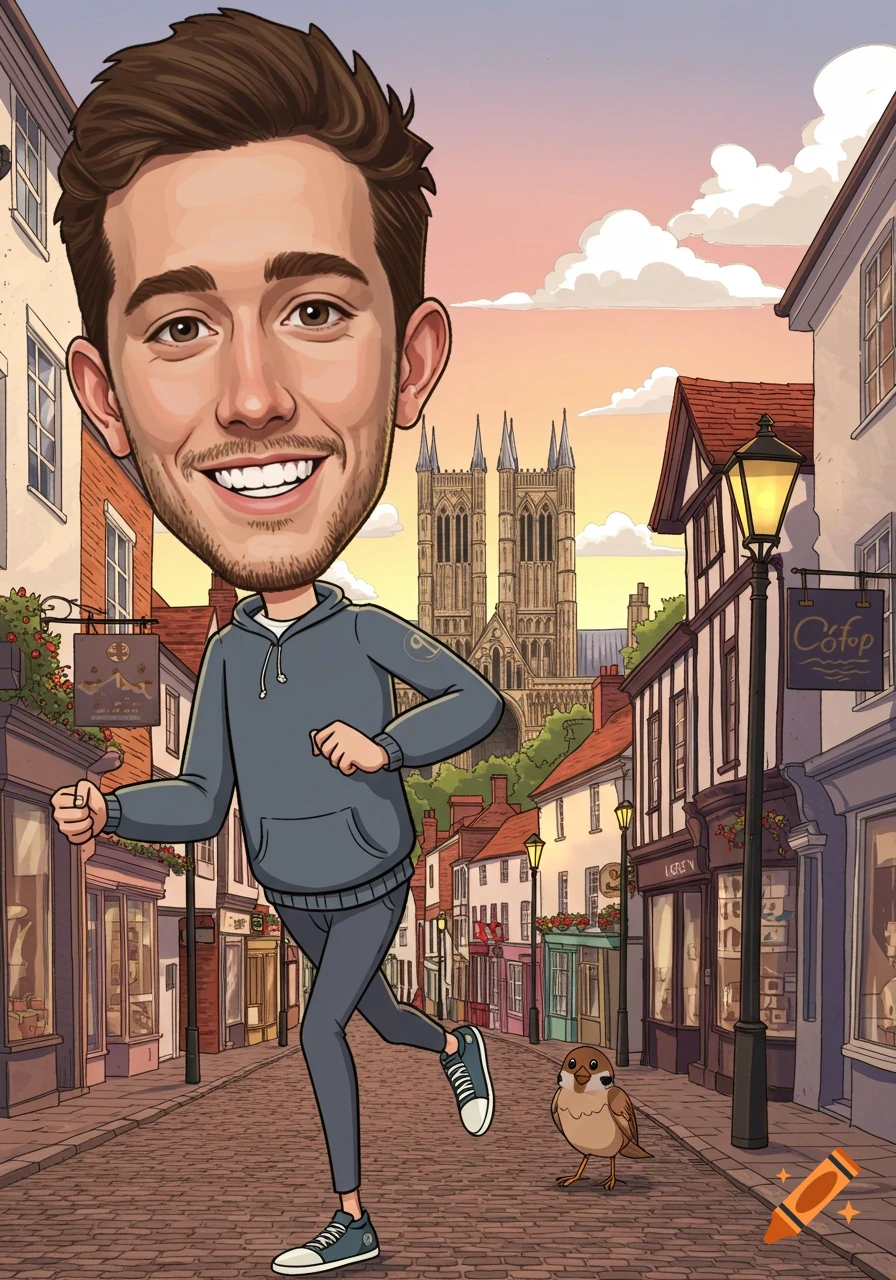 A cartoon man with a large head and a beard jogs on a cobblestone street, smiling, with a small bird nearby and a cathedral in the background.