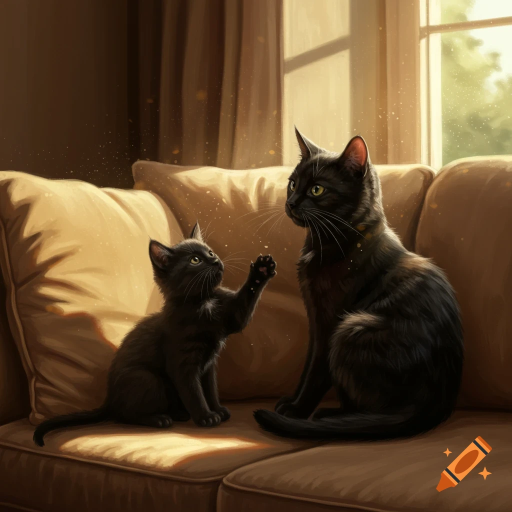 A large black cat sits next to a playful black kitten on a tan couch, bathed in warm sunlight.