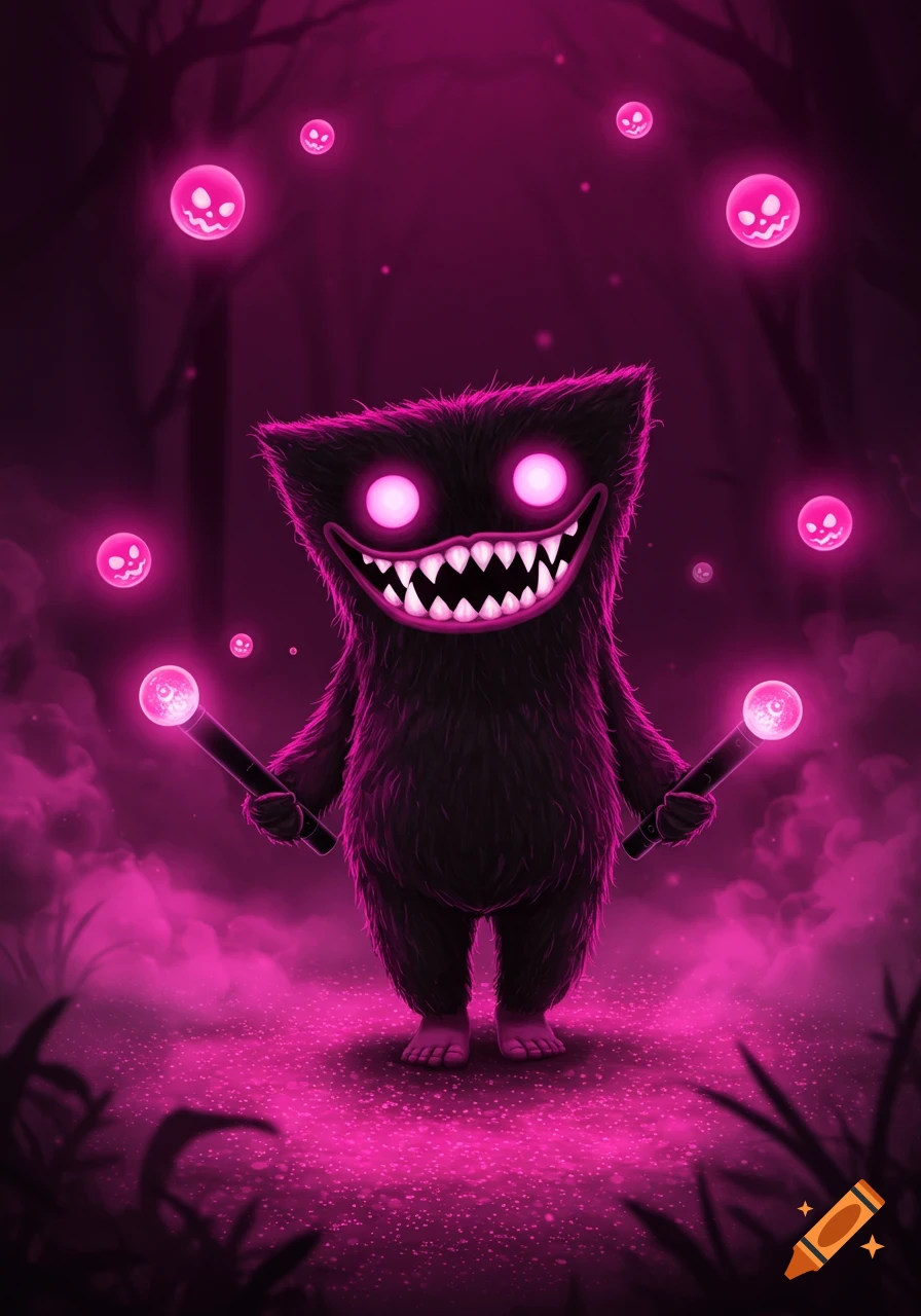 A black furry monster with glowing pink eyes and sharp teeth grins, holding two pink light sticks in a dark, misty forest.