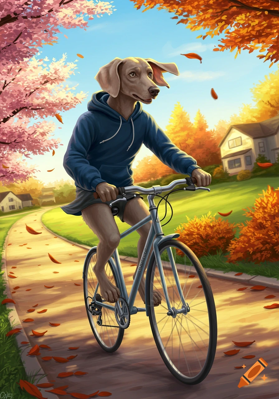 An anthropomorphic Weimaraner dog wearing a blue hoodie rides a bicycle on a sunlit autumn path, with colorful trees and falling leaves.
