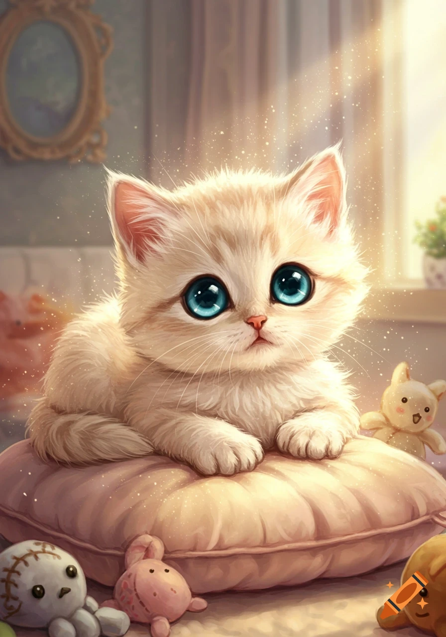 A fluffy cream-colored kitten with large blue eyes sits on a pink pillow surrounded by stuffed toys, glowing softly in a warm, digitally painted room.