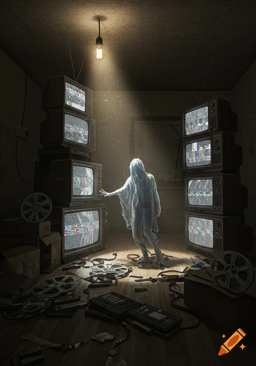 A spectral figure in a glitchy cloak stands in a dimly lit room surrounded by stacks of old static-filled televisions and scattered film reels.