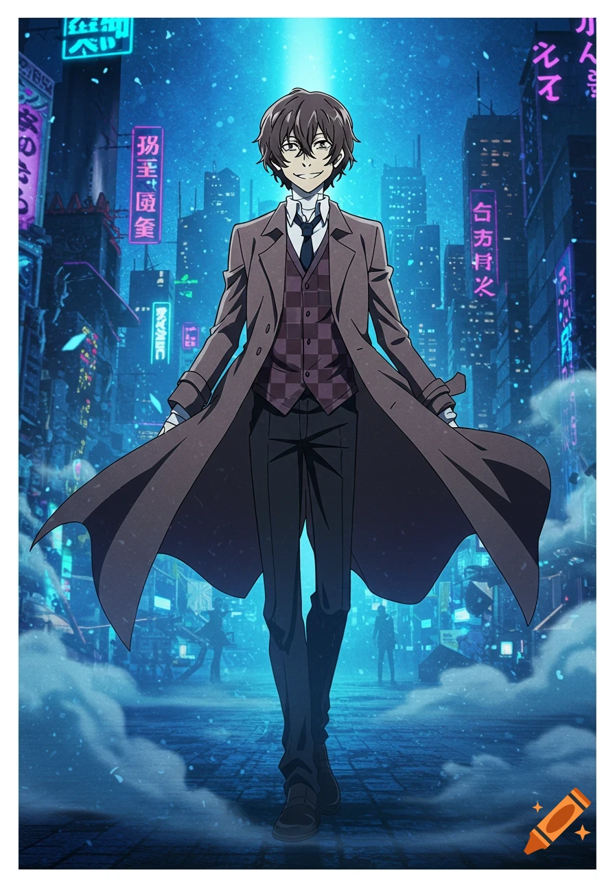 An anime male character with dark brown hair and a trench coat walks forward in a neon-lit futuristic city at night, under a blue sky.