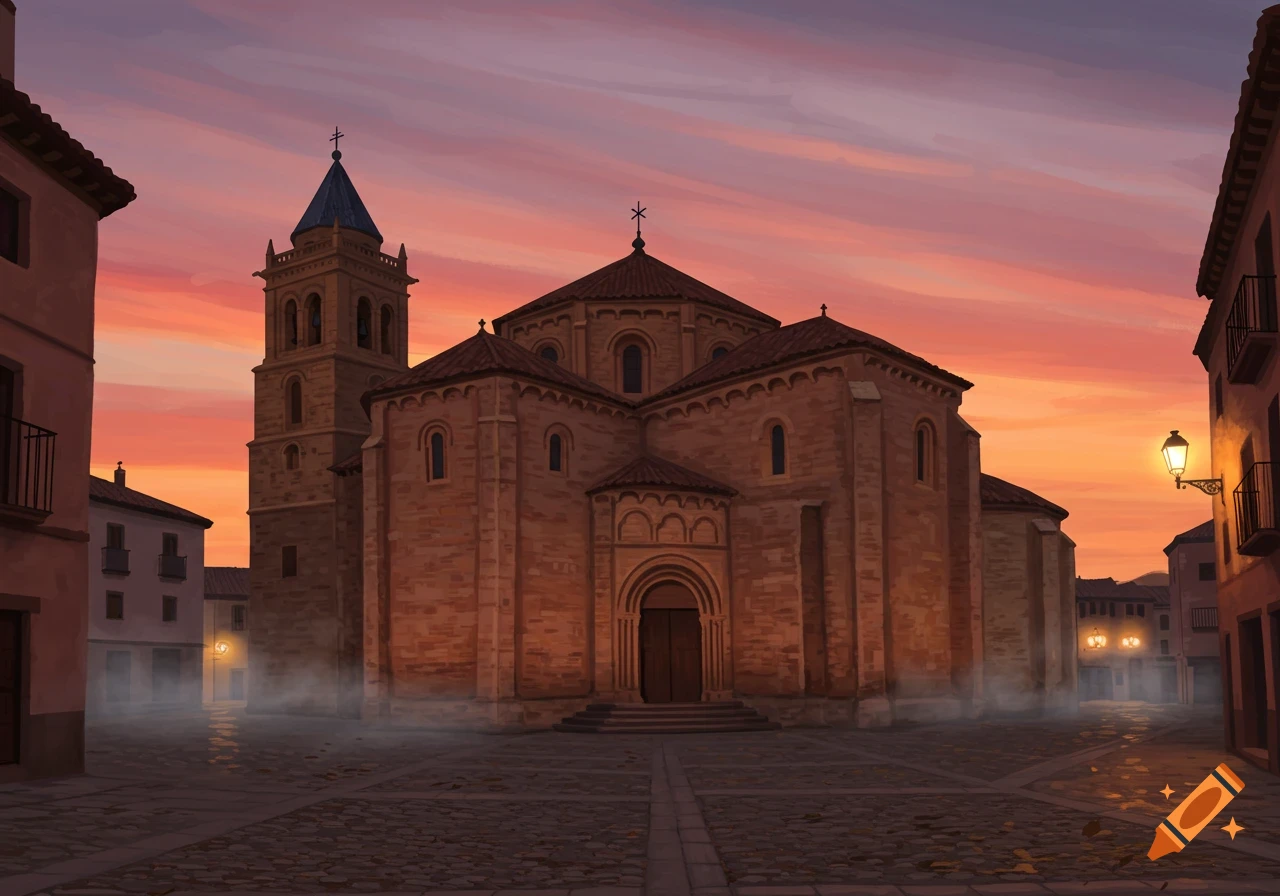 A large stone church with a bell tower under a vibrant orange and purple sunset in a quaint cobblestone town square. Digital art.