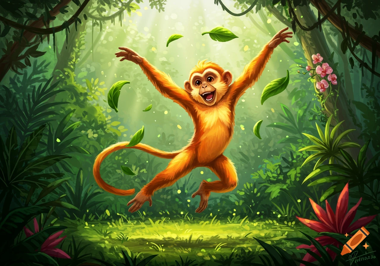 A joyful orange cartoon monkey jumps with arms outstretched amidst falling green leaves in a lush, sunlit jungle.