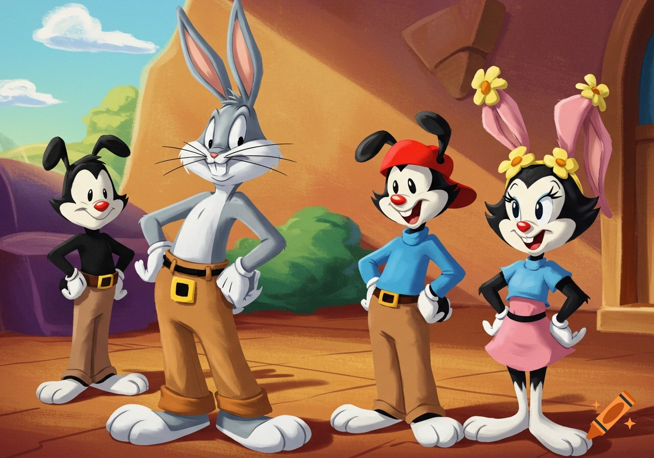 Bugs Bunny stands with three characters resembling Yakko, Wakko, and Dot Warner, all in a stylized cartoon landscape.