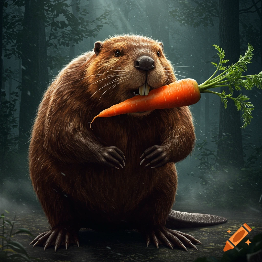A fluffy brown beaver with large front teeth holds a bright orange carrot in its mouth, standing in a dark, misty forest.