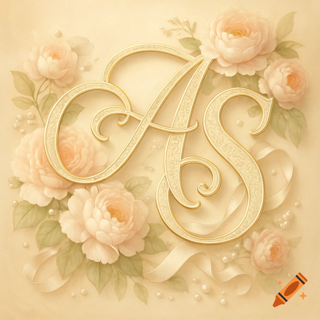 Elegant gold script letters A and S intertwined with soft peach roses, pearls, and ribbons on a cream background.