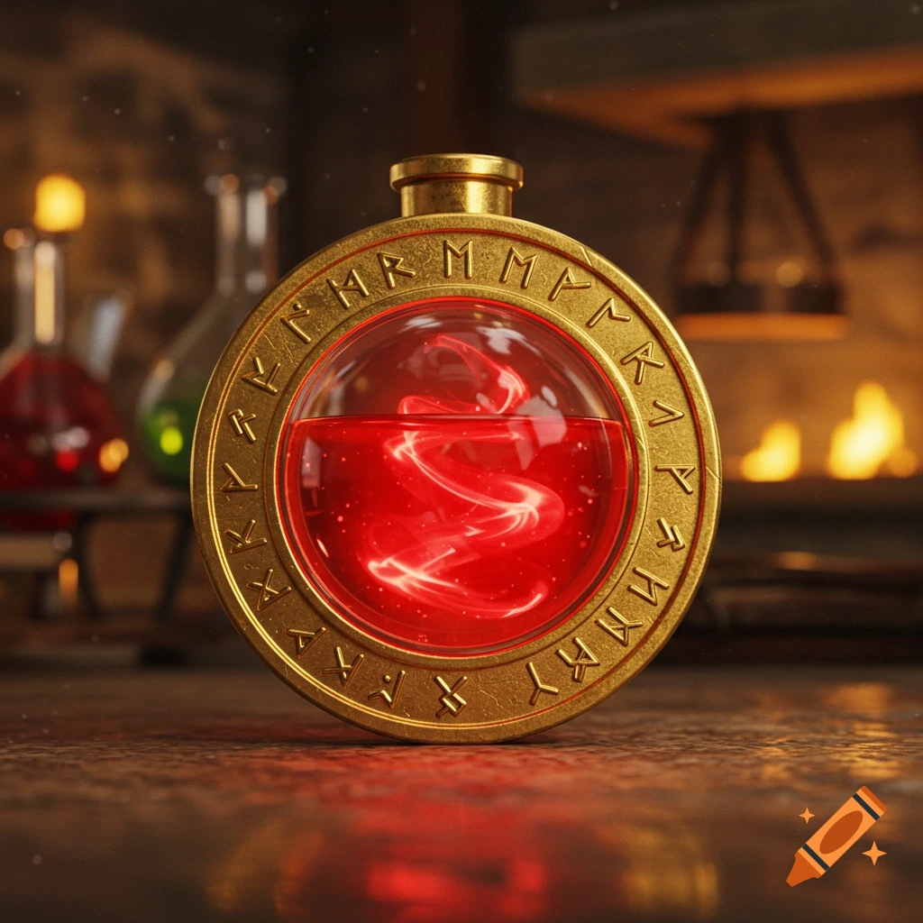 Close-up of a golden fantasy token with runes, containing a swirling red glowing potion, set in an alchemist's lab.