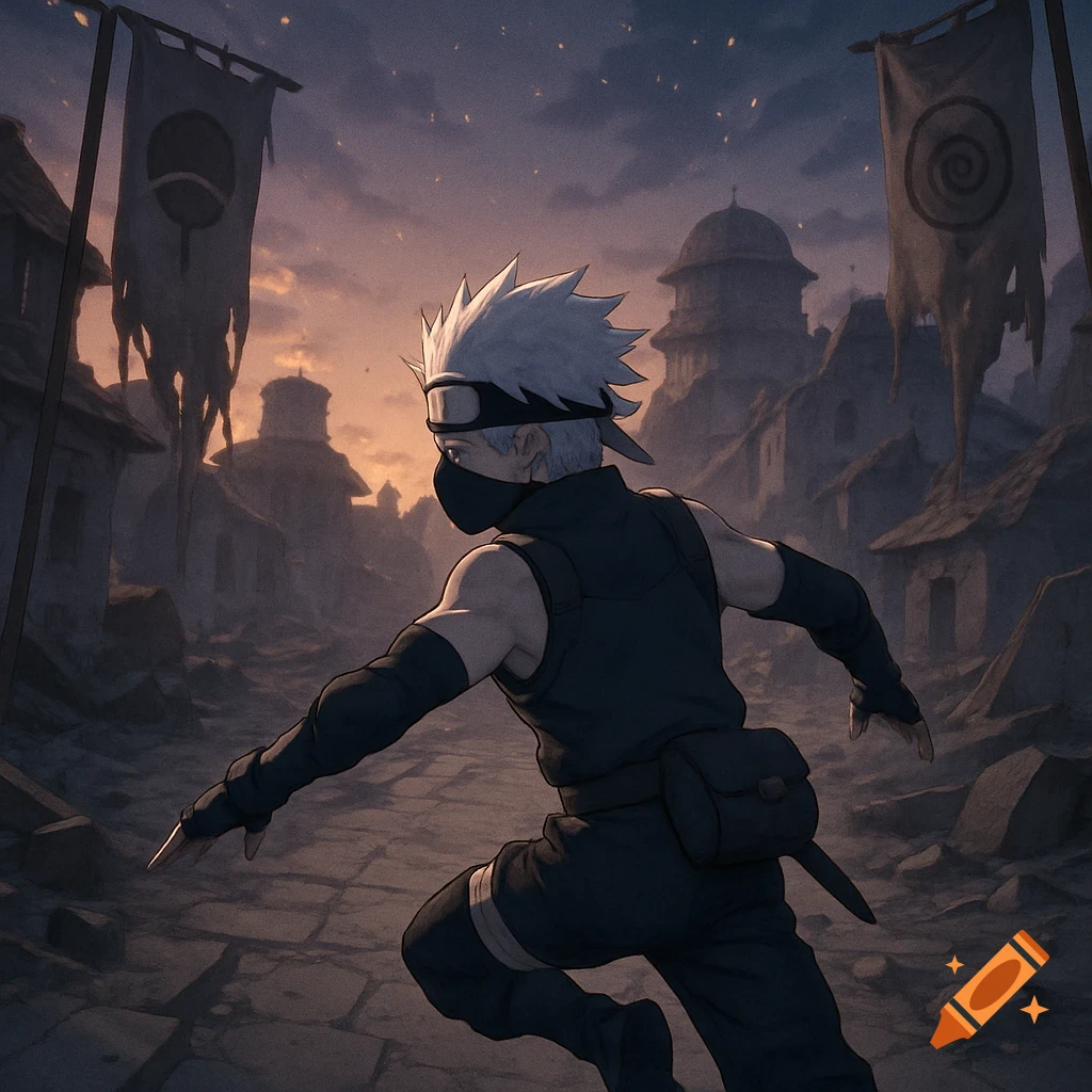 A white-haired ninja in a mask and dark attire runs through a devastated village at dusk, with tattered banners.