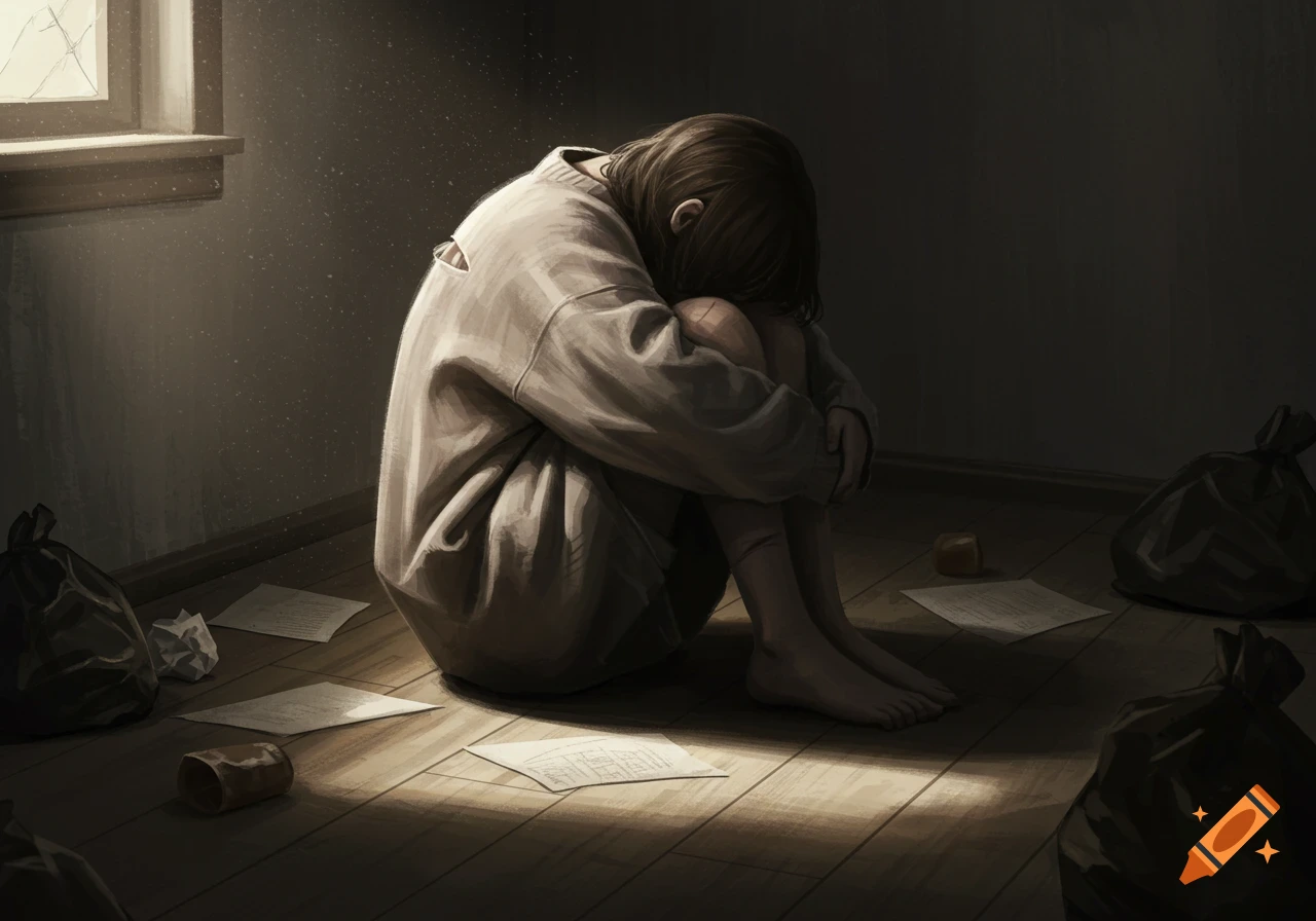 Illustration of a person curled up in a dark, messy room with trash, lit by a window, conveying despair.