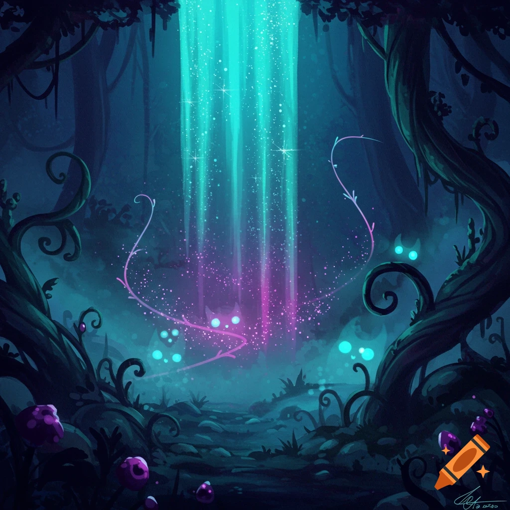 A dark, magical forest with glowing turquoise and pink light rays illuminating the ground, surrounded by twisted trees and glowing mushrooms.