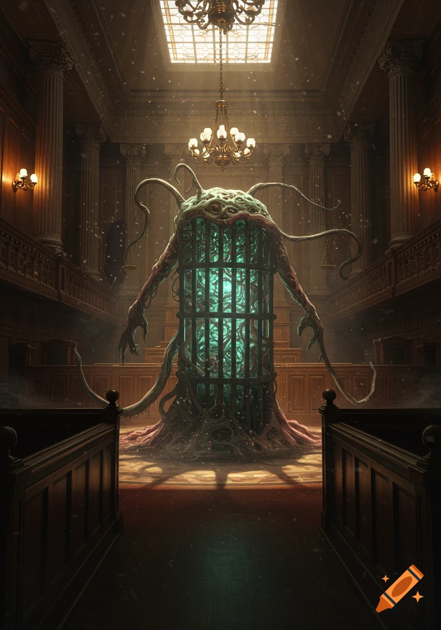 A monstrous, tentacled creature with many eyes, glowing green in a cage, stands in a grand, dimly lit courtroom.