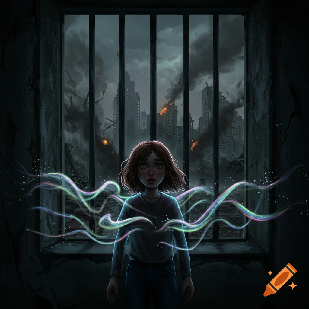 A worried girl with glowing waves stands by a barred window looking at a ruined city with fire and smoke, digital art.