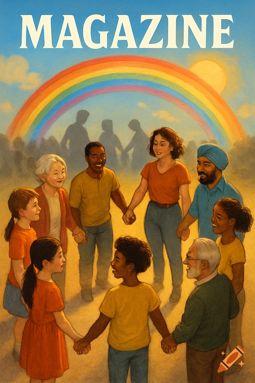 An illustrative magazine cover shows a diverse group of children, adults, and elderly people holding hands in a circle under a bright rainbow. They are all smiling, with a warm sun glowing behind them, symbolizing unity and joy. The title "MAGAZINE" is at the top.