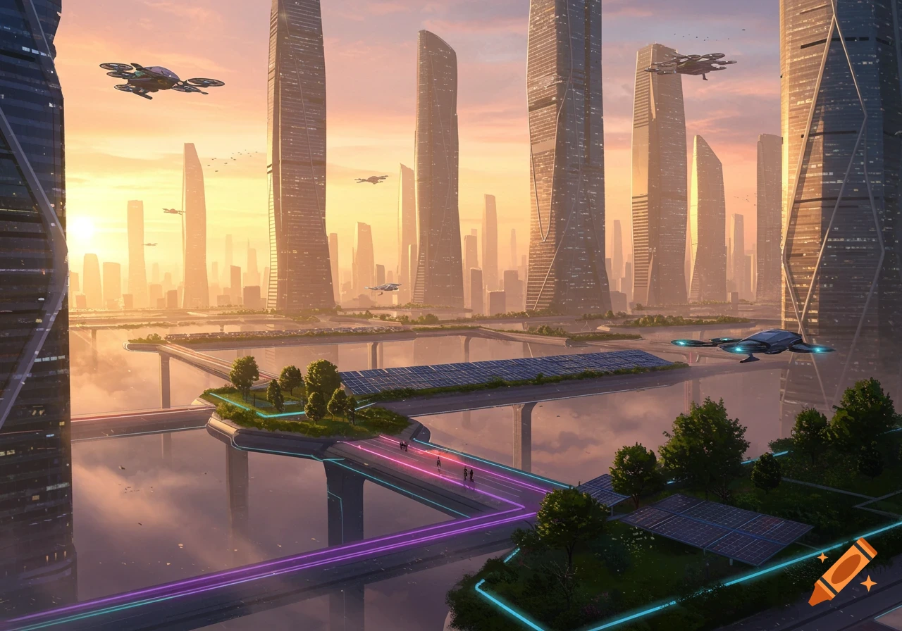 A vibrant futuristic cityscape at sunrise with towering skyscrapers, flying vehicles, and illuminated walkways over water.