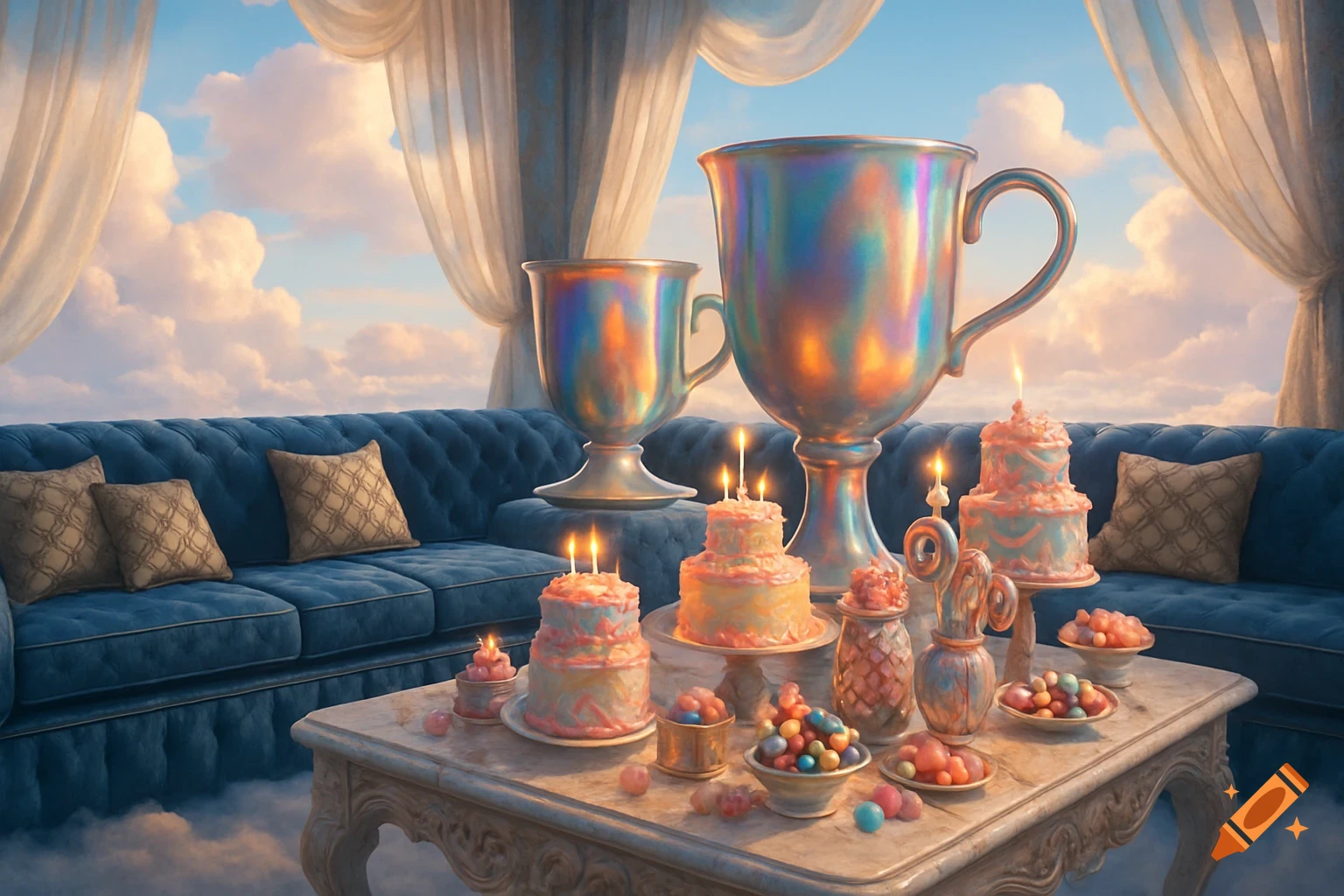 A blue tufted sofa on clouds, with a table holding lit cakes, colorful candies, and large iridescent trophy cups in a dreamy setting.