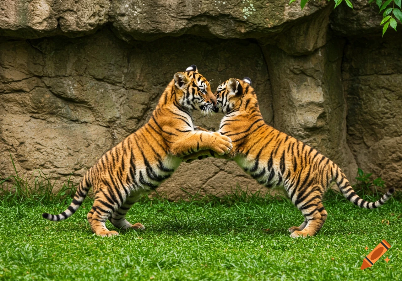 Two photorealistic tiger cubs playfully wrestle on green grass in front of a rock wall.
