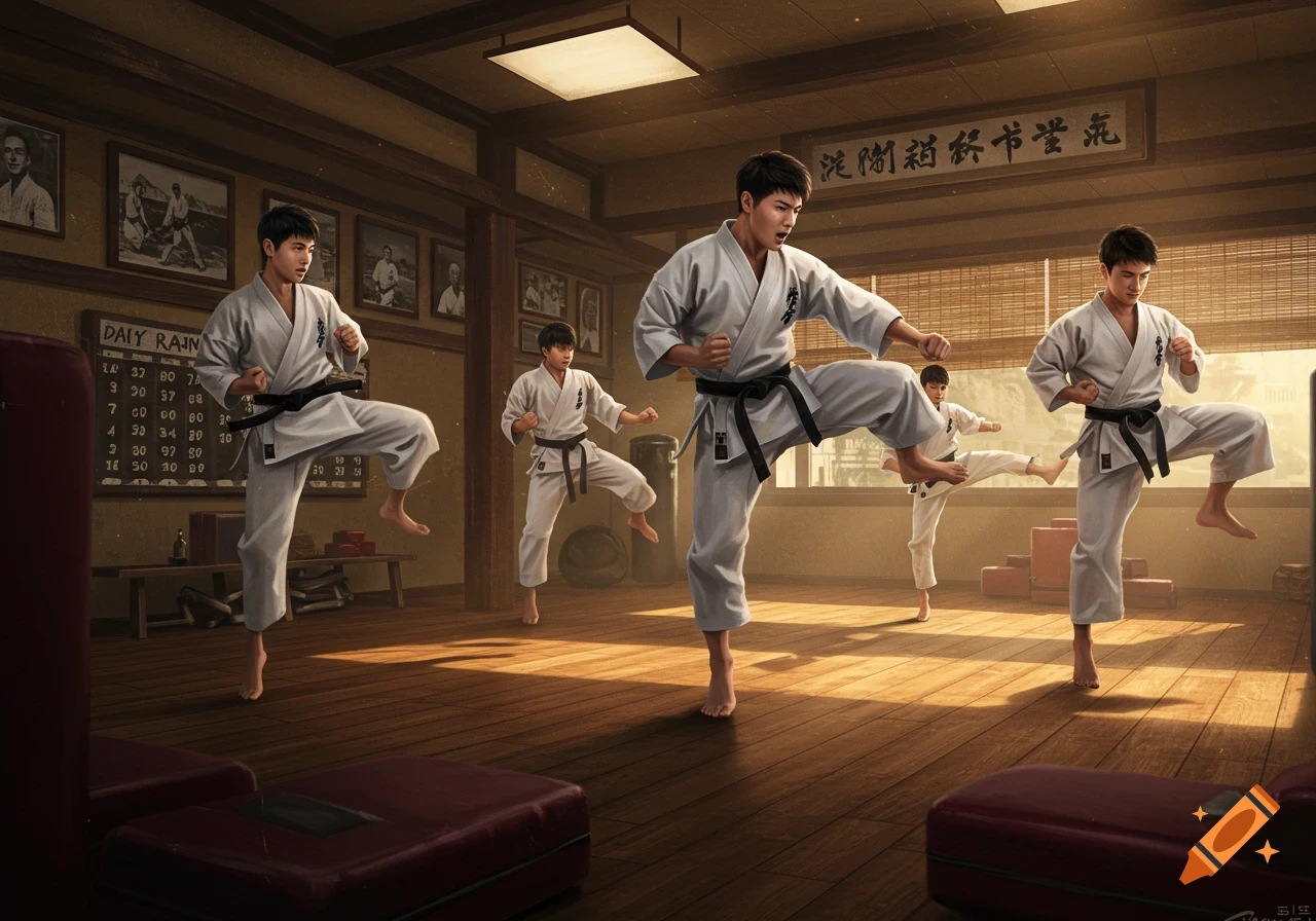 Multiple men in white gis with black belts practice karate in a dojo, striking and kicking. A blackboard and Asian calligraphy adorn the background.