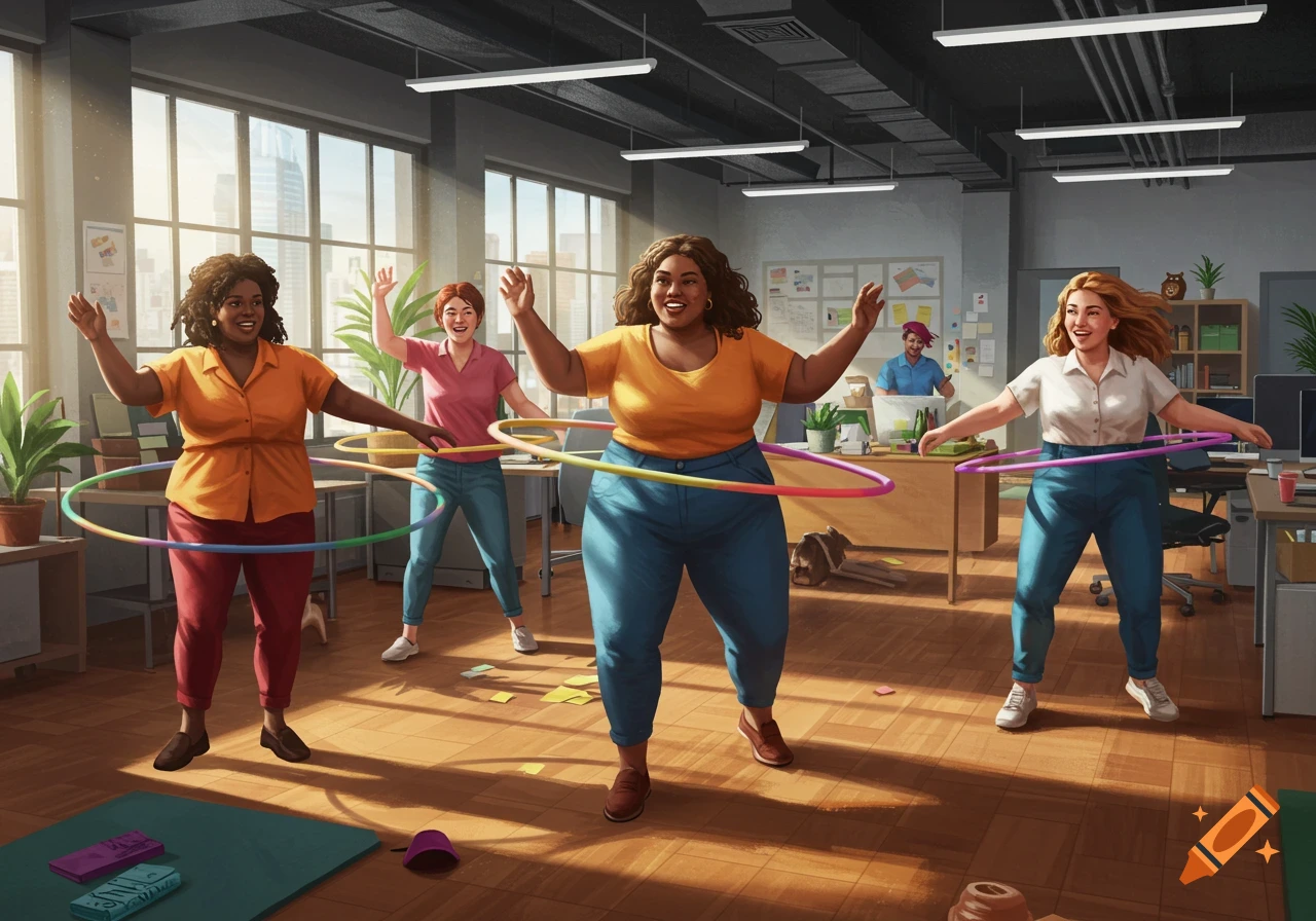 An illustration of several women hula-hooping and smiling in a brightly lit modern office.