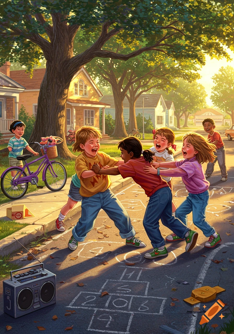 Children laugh and play in the street, roughhousing near a hopscotch grid. A boy rides a bike nearby, and a boombox sits on the sidewalk in a vibrant, illustrative style.